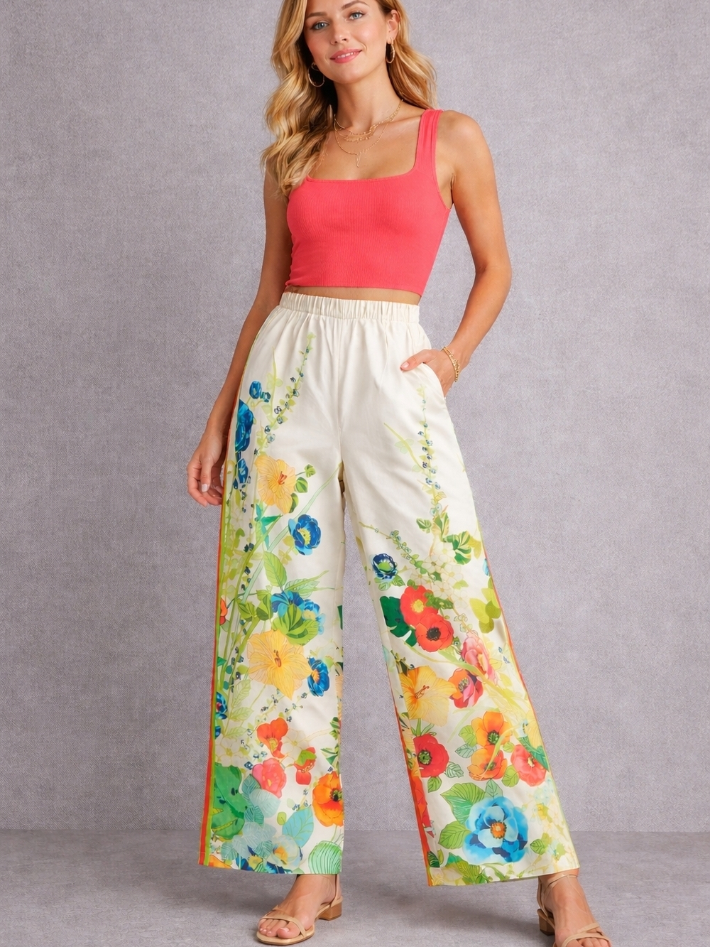 Floral Wide Leg Pants Boho Spring‎ High Waist Cream